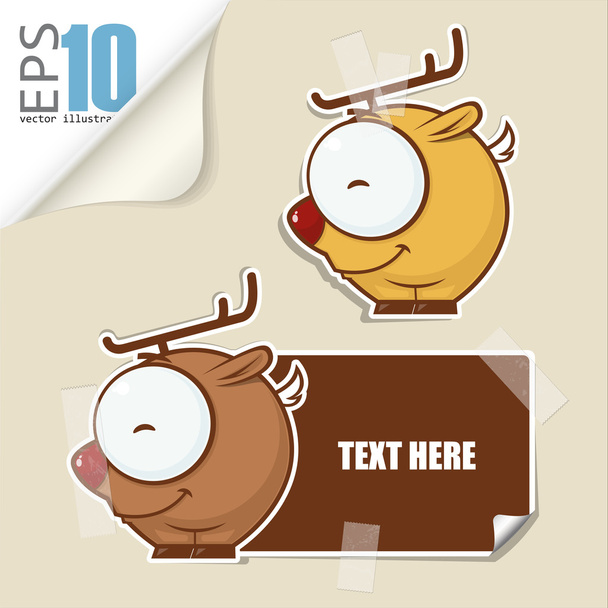Set of message card with cartoon deer and paper deer fixed with sticky tape. Vector illustration. - Vector, Imagen