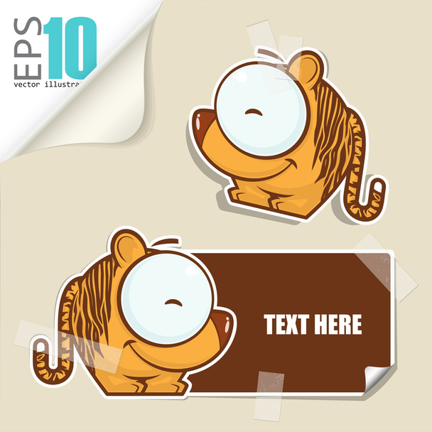Set of message card with cartoon tiger and paper tiger fixed with sticky tape. Vector illustration. - Vector, Imagen