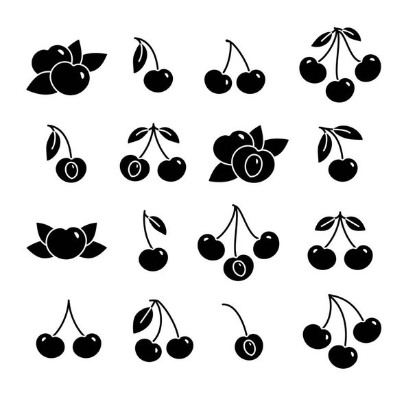Black & white vector illustration of cherry with stem & leaves. Flat icon set of organic fresh berry. Vegan & vegetarian food. Health eating fruit ingredients. Isolated objects on white background.  - Vector, Image