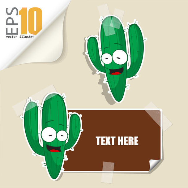 Set of message card with cartoon cactus and paper cactus fixed with sticky tape. Vector illustration. - Vector, Imagen