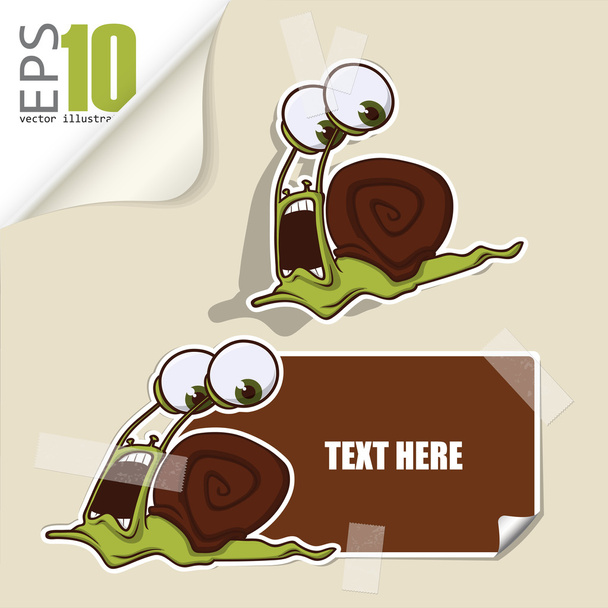Set of message card with cartoon snail and paper snail fixed with sticky tape. Vector illustration. - Διάνυσμα, εικόνα