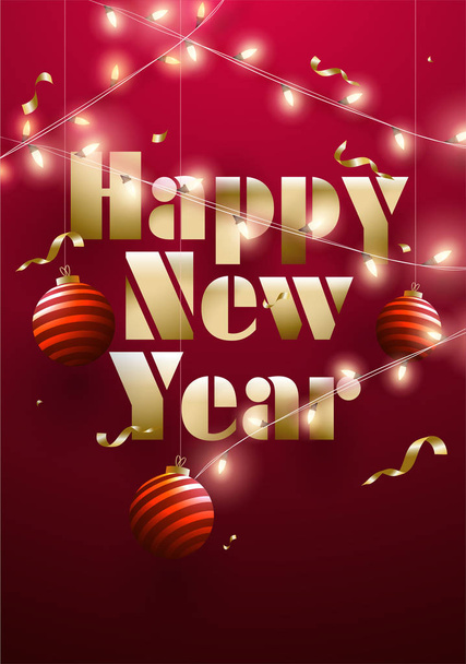 Glossy red greeting card design decorated with baubles and illuminated lighting garlands for Happy New Year celebration. - Vector, Image