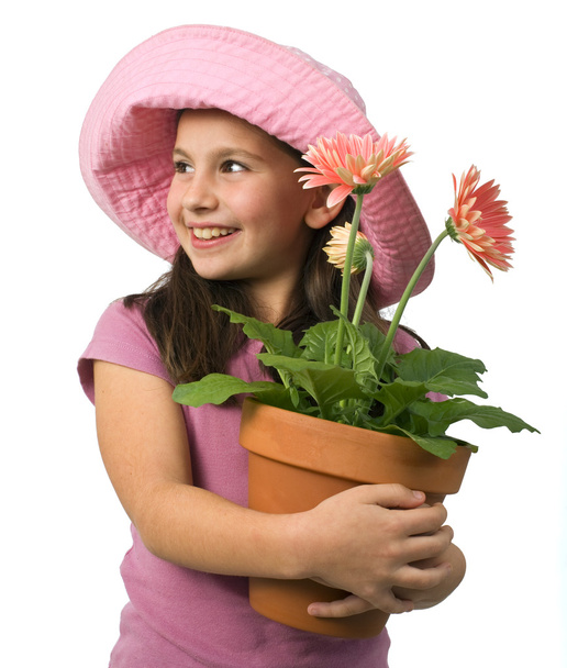 Young girl pink daisies - Foto, afbeelding