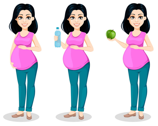 Pregnant woman. Beautiful lady prepares to be a mother, set of three poses. Cute cartoon character touches belly, holds a bottle of water and holds green apple. Vector illustration. - Vector, Image