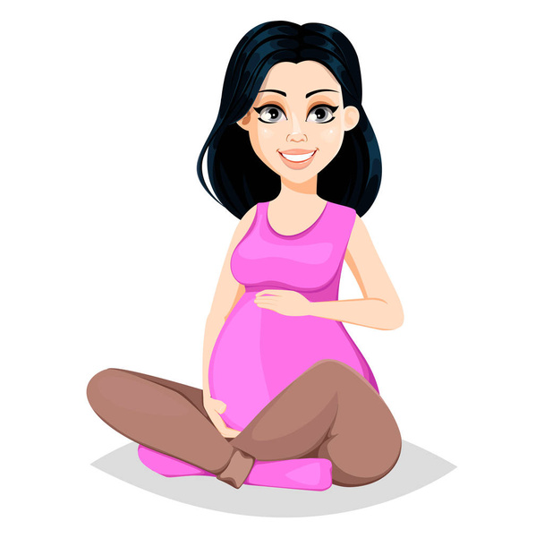 Schwangere. schöne Frau bereitet sich darauf vor, Mutter zu werden. Die süße Zeichentrickfigur sitzt in Yoga-Pose und berührt ihren Bauch. Vektor-Illustration isoliert auf weißem Hintergrund - Vektor, Bild