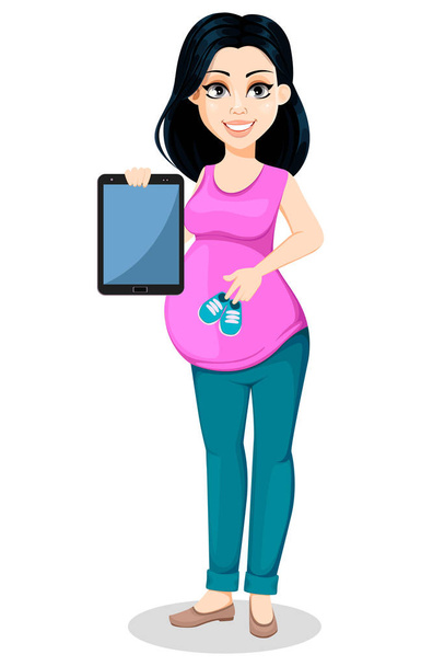Schwangere. schöne Frau bereitet sich darauf vor, Mutter zu werden. Die niedliche Zeichentrickfigur hält moderne Tablet- und Babyschuhe in der Hand. Vektor-Illustration isoliert auf weißem Hintergrund - Vektor, Bild