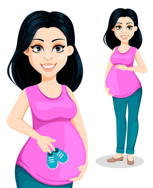 Pregnant woman. Beautiful lady prepares to be a mother. Cute cartoon character. Vector illustration isolated on white background - Vector, Image