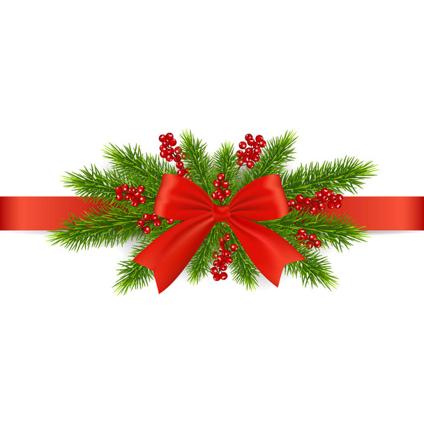 Christmas decoration with red berries and bow, isolated on white background. - Vector, Image
