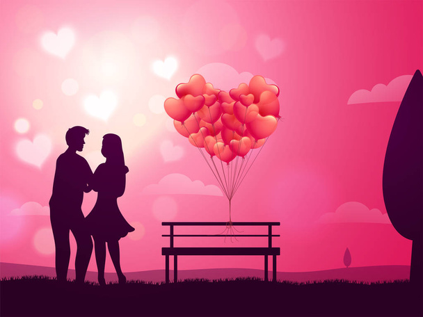Valentine poster or greeting card design with young couple in love on heart decorated glossy pink background. - Vector, Image