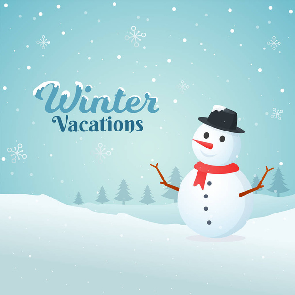 降雪の背景に雪だるまとクリスマス ツリーのイラストと冬休みグリーティング カード デザイン. - ベクター画像