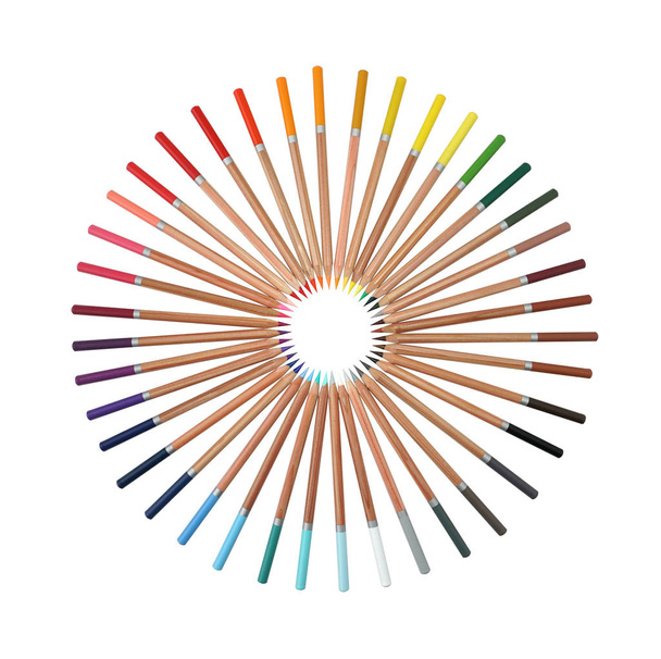 Colored  pencils arranged in a circle on white background. Isolated objects. Office supplies. - Photo, Image