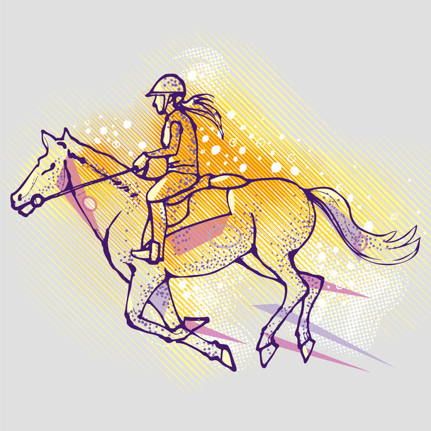 Menina montando um cavalo em um fundo gráfico, imagem vetorial. Ilustração de mulher em um cavalo. Imagem do vector desportivo. Esportes, atividades ao ar livre
. - Vetor, Imagem