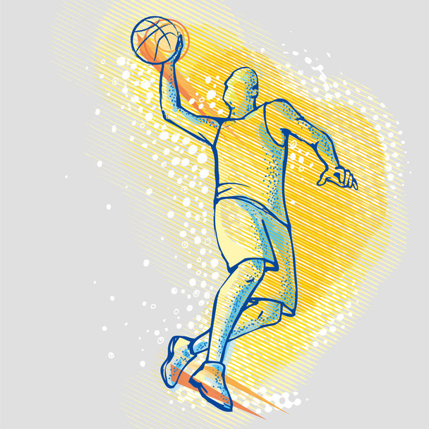 Basketbalový hráč na grafické pozadí, vektorový obrázek. Ilustrace basketbal slam dunk. Sportovní vektorový obrázek. Sporty, Outdoorové aktivity. - Vektor, obrázek