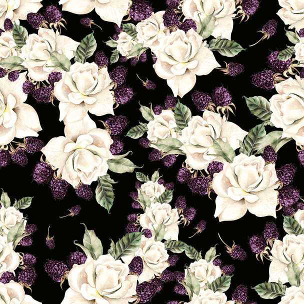 Beautiful watercolor seamless pattern with flowers of  rose and berry.   - Photo, Image