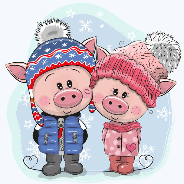 Cute winter illustration with two Pigs Boy and Girl in hats and coats - Vecteur, image