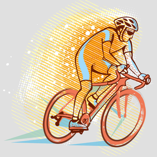 グラフィックの背景にサイクリスト。ロード サイクリング、ベクトル画像。自転車に乗ってヘルメットと自転車の男性のイラストです。スポーツ ベクトル画像。スポーツ、アウトドア. - ベクター画像