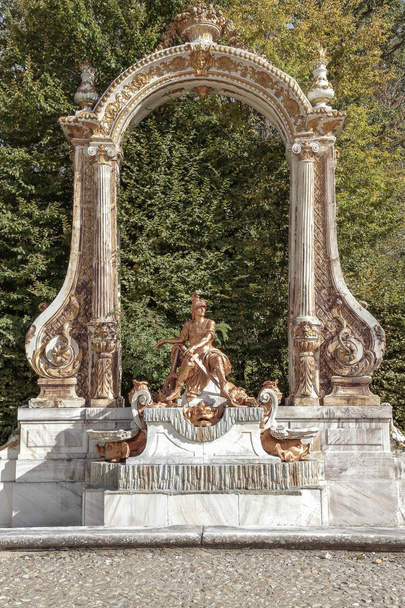 horizontal view of fountain dedicated to mars god of war in royal palace gardens of la granja de san ildefonso, segovia, spain - Photo, Image