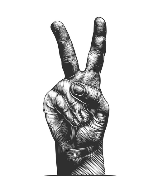Vector engraved style illustration for posters, decoration and print. Hand drawn sketch of victory hand in monochrome isolated on white background. Detailed vintage woodcut style drawing. - Vektör, Görsel