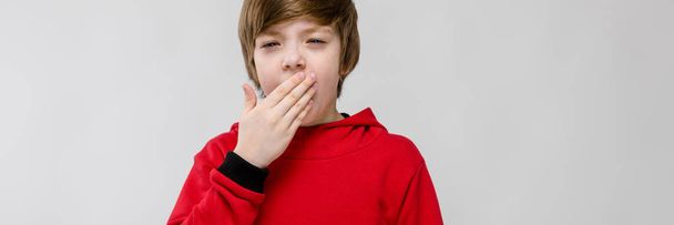 Cute confident caucasian little surprised boy in red sweater on grey background - Foto, imagen