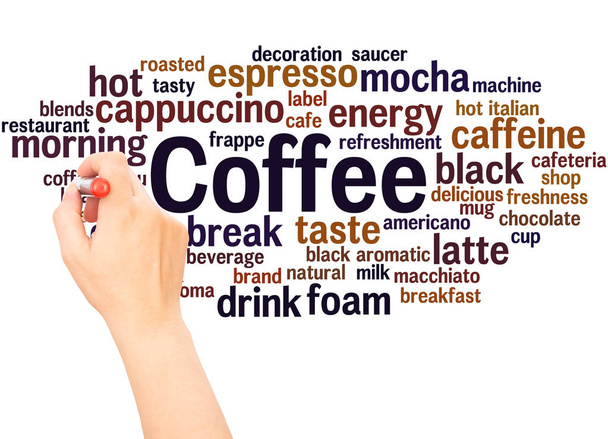 Coffee word cloud hand writing concept on white background. - Photo, Image