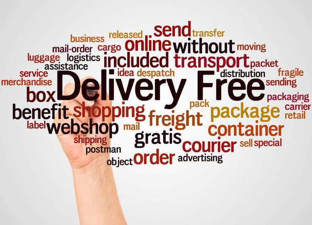 Delivery Free word cloud and hand with marker concept on white background. - Photo, Image