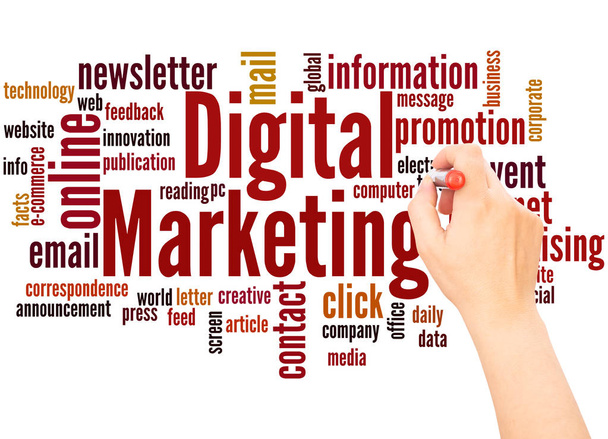 Digitális marketing szó felhő kézzel írás fogalom-fehér háttér. - Fotó, kép