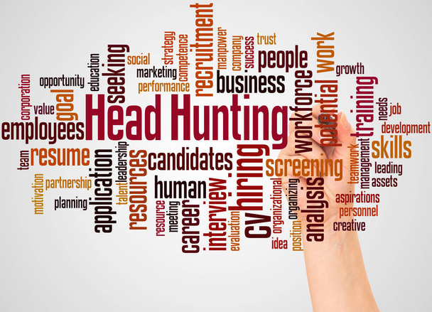 Head Hunting slovo mrak a ruka s konceptem značky na bílém pozadí. - Fotografie, Obrázek