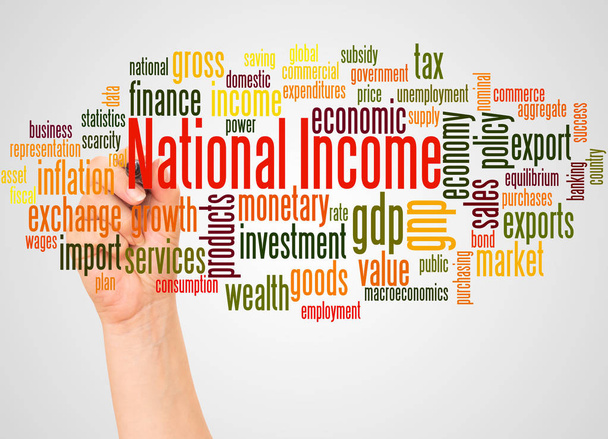 Облако слова национального дохода и рука об руку с концепцией маркера на белом фоне
. - Фото, изображение