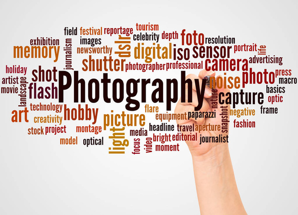 Photography word cloud and hand with marker concept on white background. - Photo, Image