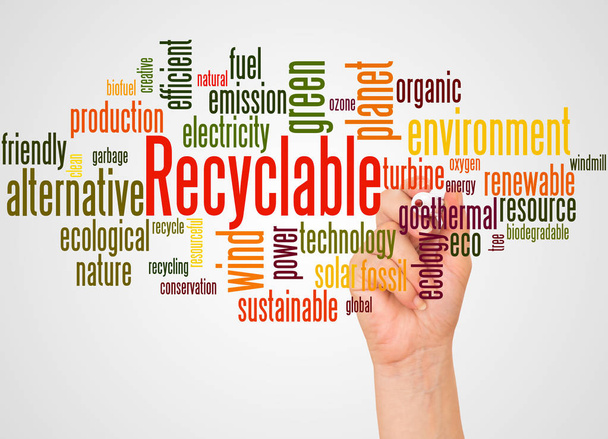 Recyclable word cloud and hand with marker concept on white background. - Photo, Image
