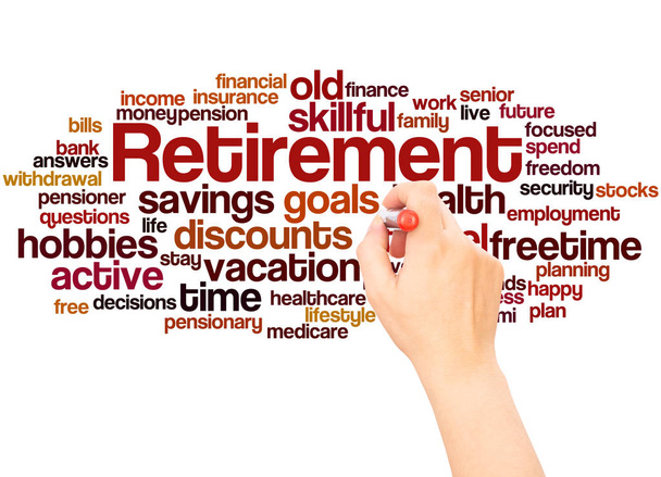 Nyugdíj szó felhő kézzel írás koncepció fehér háttér.  - Fotó, kép