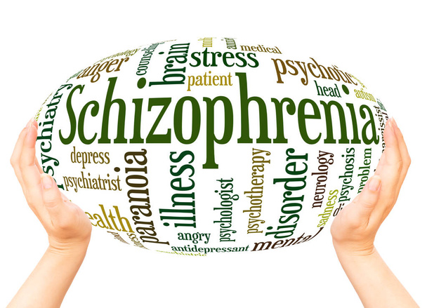 Skizofrénia szó felhő kézzel gömb fogalmát a fehér háttér. - Fotó, kép
