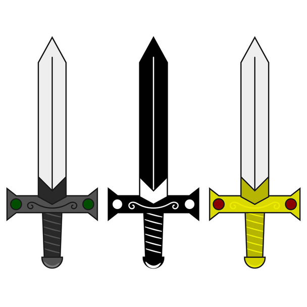 Rajzfilm középkori kardforgató gyűjteménye. Dekorációs fegyver számítógépes játék tervező halmaza. Fantasy kard. Vektoros illusztráció a design, játék, kártya. - Vektor, kép