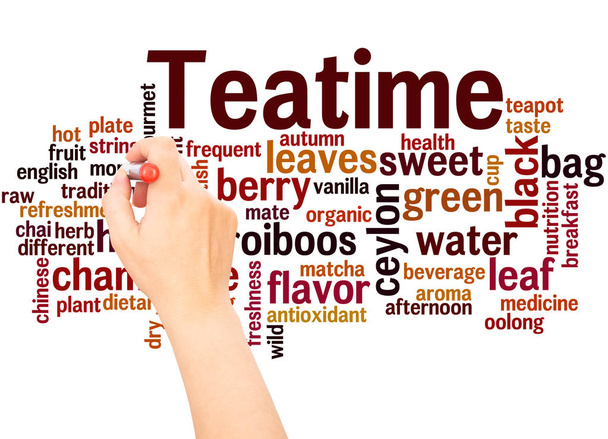 Teatime word cloud hand schrijven concept op witte achtergrond - Foto, afbeelding