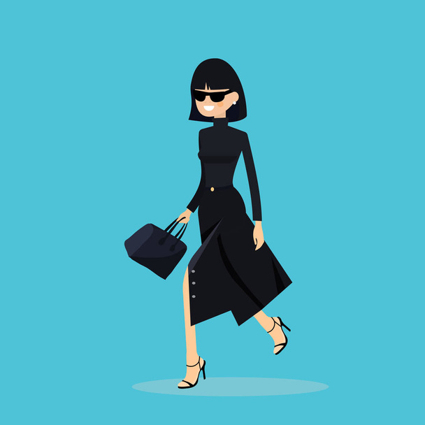 Beautiful woman in stylish black clothes. Fashion spotlight look urban casual outfit.Young stylish woman in sunglasses with a bag. Vector illustration. - Vector, Image