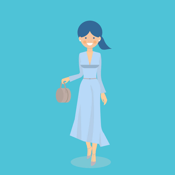 Beautiful woman in stylish blue clothes. Fashion look urban casual outfit.Young stylish woman with round bag. Vector illustration. - Vektor, kép