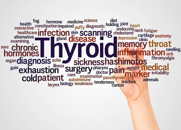 Thyroid word cloud and hand with marker concept on white background. - Photo, Image