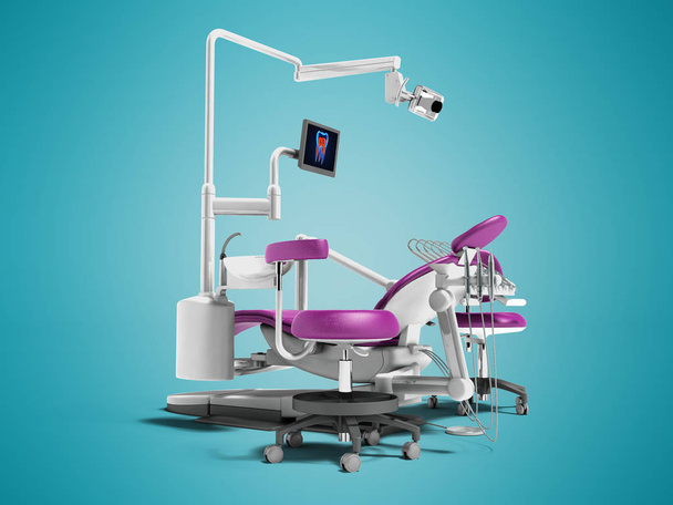 Cadeira dental violeta moderna com bórax com iluminação e monitor para o trabalho de renderização 3d em fundo azul com sombra
 - Foto, Imagem