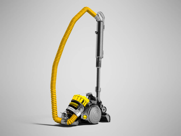 Aspirador amarillo moderno con filtro ciclón con inserciones negras 3D renderizado sobre fondo gris con sombra
 - Foto, Imagen