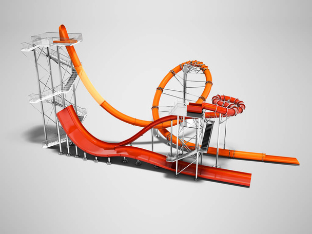シャドウと灰色の背景に赤い水スライド右側に 3 d レンダリングをオレンジ色の大きなウォーター スライド - 写真・画像