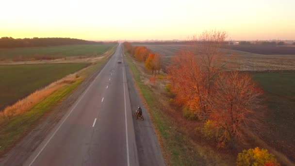 Εναέρια: πετούν cam ακολουθήστε μοτοσικλέτα στον δρόμο κατά το ηλιοβασίλεμα - Πλάνα, βίντεο