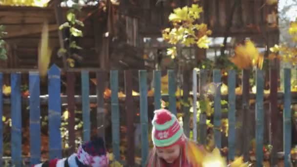 Αγροτικές, αστεία παιδιά, αδελφός και αδελφή ρίχνουν επάνω σε φθινοπωρινά φύλλα - Πλάνα, βίντεο