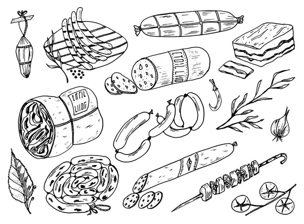 Hús ételek, a kolbász és a steak, grill és piknik. Doodle jelek menü. Vintage vésett illusztráció. fekete-fehér stílus. - Vektor, kép