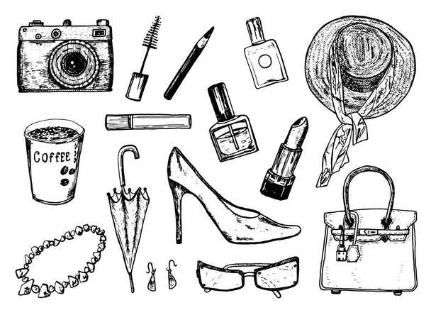 Women s accessories cosmetics. Vintage style. Hand drawn doodle hat, shoes and makeup tools. Set of Patch and Pins. - Vector, Image