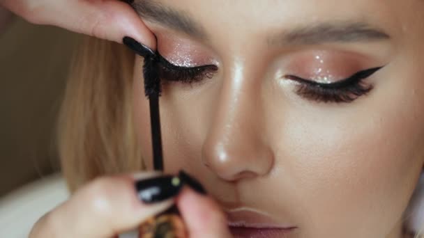Make-up artist κάνει μακιγιάζ βλεφαρίδες σε μια νεαρή γυναίκα - Πλάνα, βίντεο