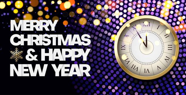 Merry Christmas and Happy New Year shiny poster with clock. - Vector, Image