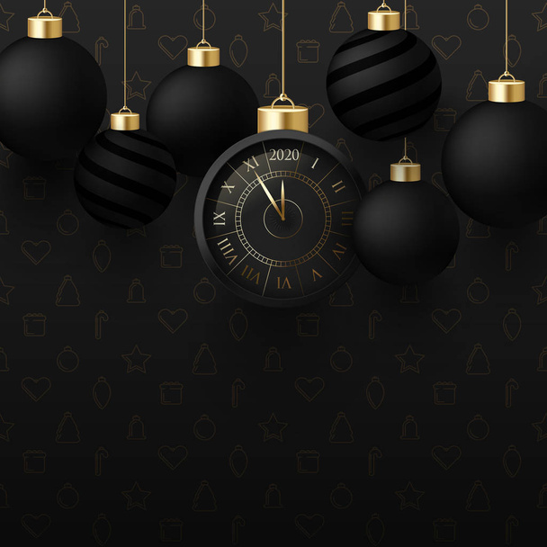 Cartel Feliz Año Nuevo 2020 con reloj y bolas de Navidad
. - Vector, Imagen