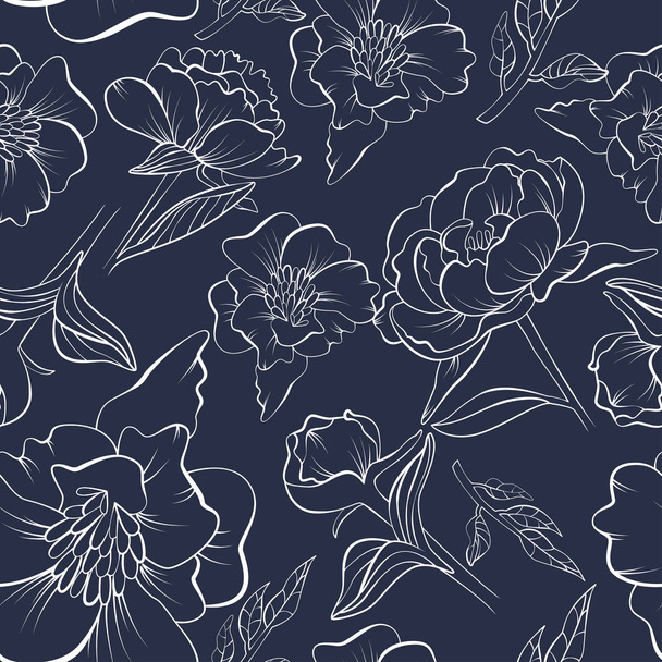 Vector repeated square floral seamless pattern with wild peony on dark background - Διάνυσμα, εικόνα