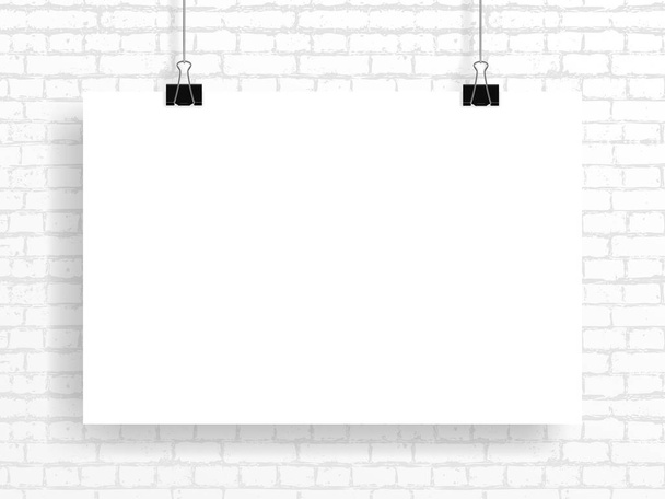 Imagen vectorial (maqueta, diseño) de un póster (4: 3), sujeta con dos clips de papel negro sobre un fondo de textura de pared de ladrillo. Plantilla, marco para su texto o imagen. EPS 10
. - Vector, imagen