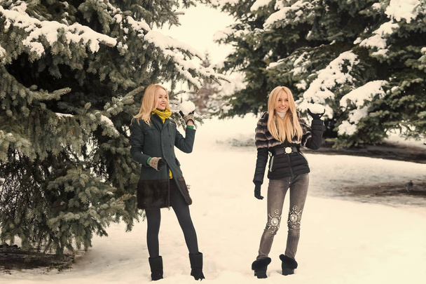 Women smiling with long blond hair in snow wood - Фото, изображение